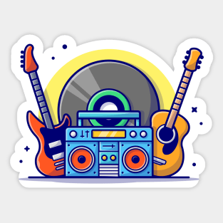 Music Instrument Concert Perform with Guitar, Boombox and Big Vinyl Music Cartoon Vector Icon Illustration Sticker